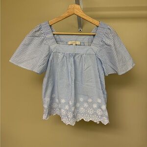 LOFT Petite Blue White Stripe Eyelet Blouse SP